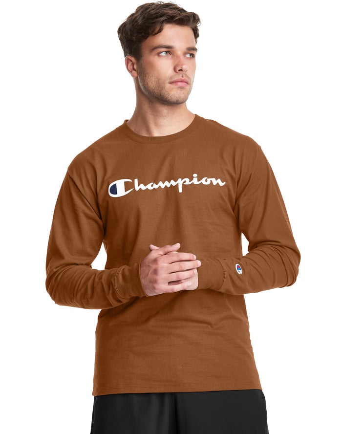 Champion Herre T-Shirts Brune - Classic Long-Sleeve Script Logo - Danmark RKY-764523